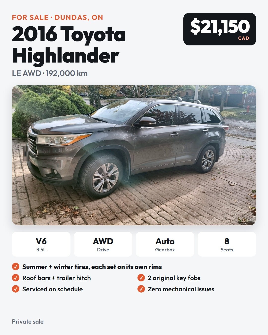 2016 Toyota Highlander LE AWD, 8 seats, 192,000 km