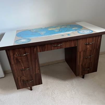 Vintage Wood Desk with World Map Inlay