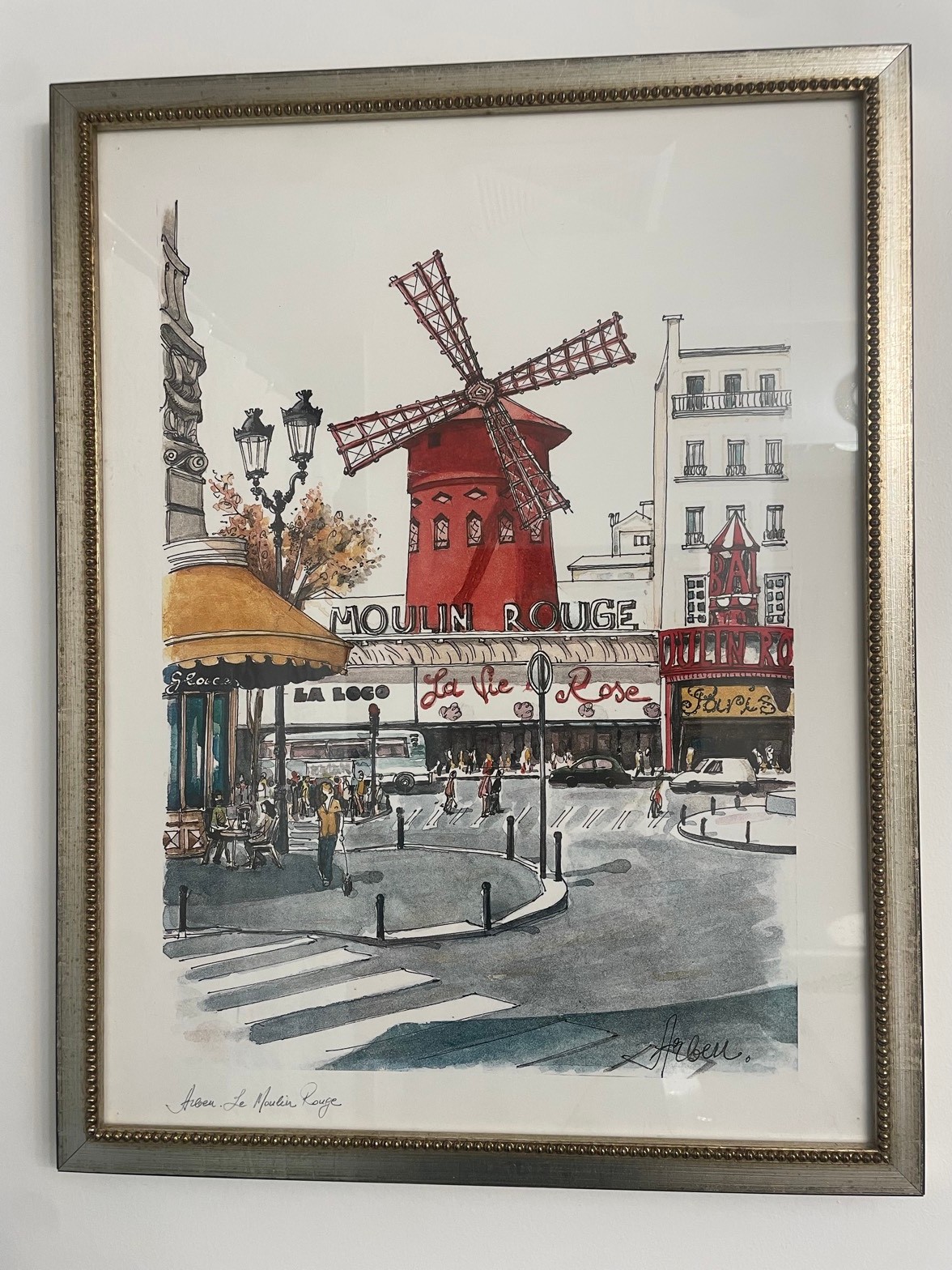 Moulin Rouge framed watercolour, 15x19
