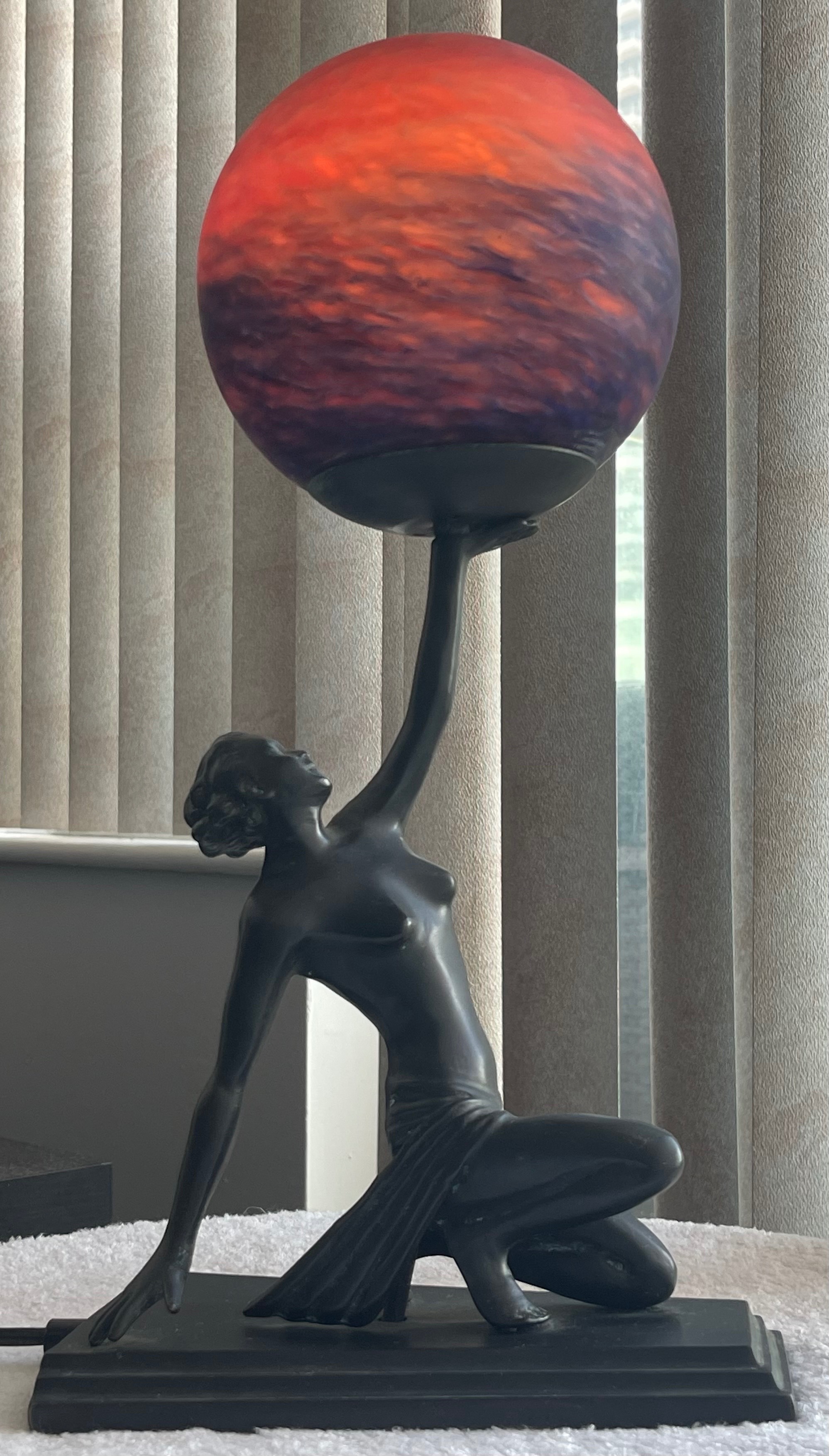 Vintage Art Deco Nymph Table Lamp - Sunset Art Glass Globe