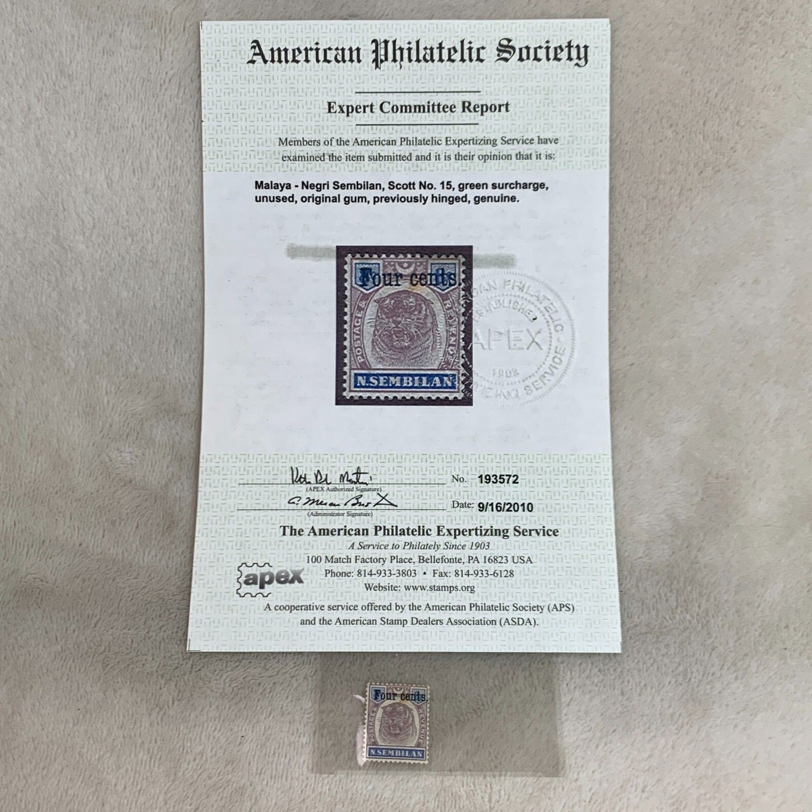 Malaya Negri Sembilan Scott #15 APS/APEX Certificate