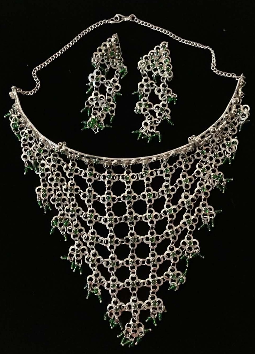 Necklace Silver Tone Lattice Bib and Matching Dangling Earrings