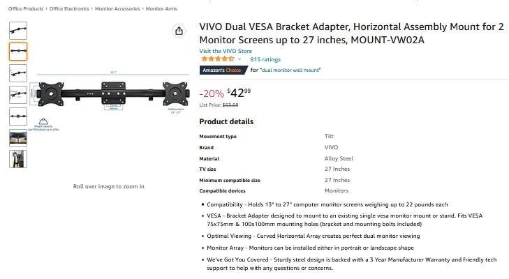 VIVO Dual VESA Adapter, Horizontal Assembly Mount for 2 Monitor - photo 5