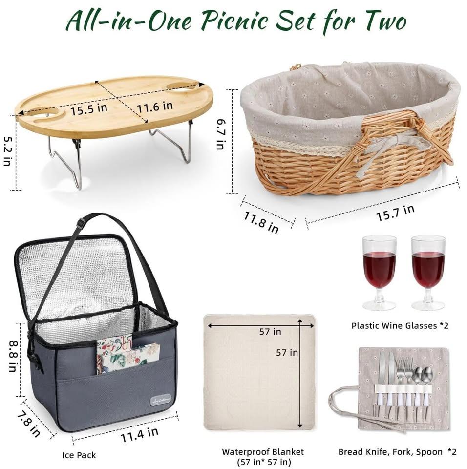 Wicker Picnic Basket Set for 2 (New) - photo 2