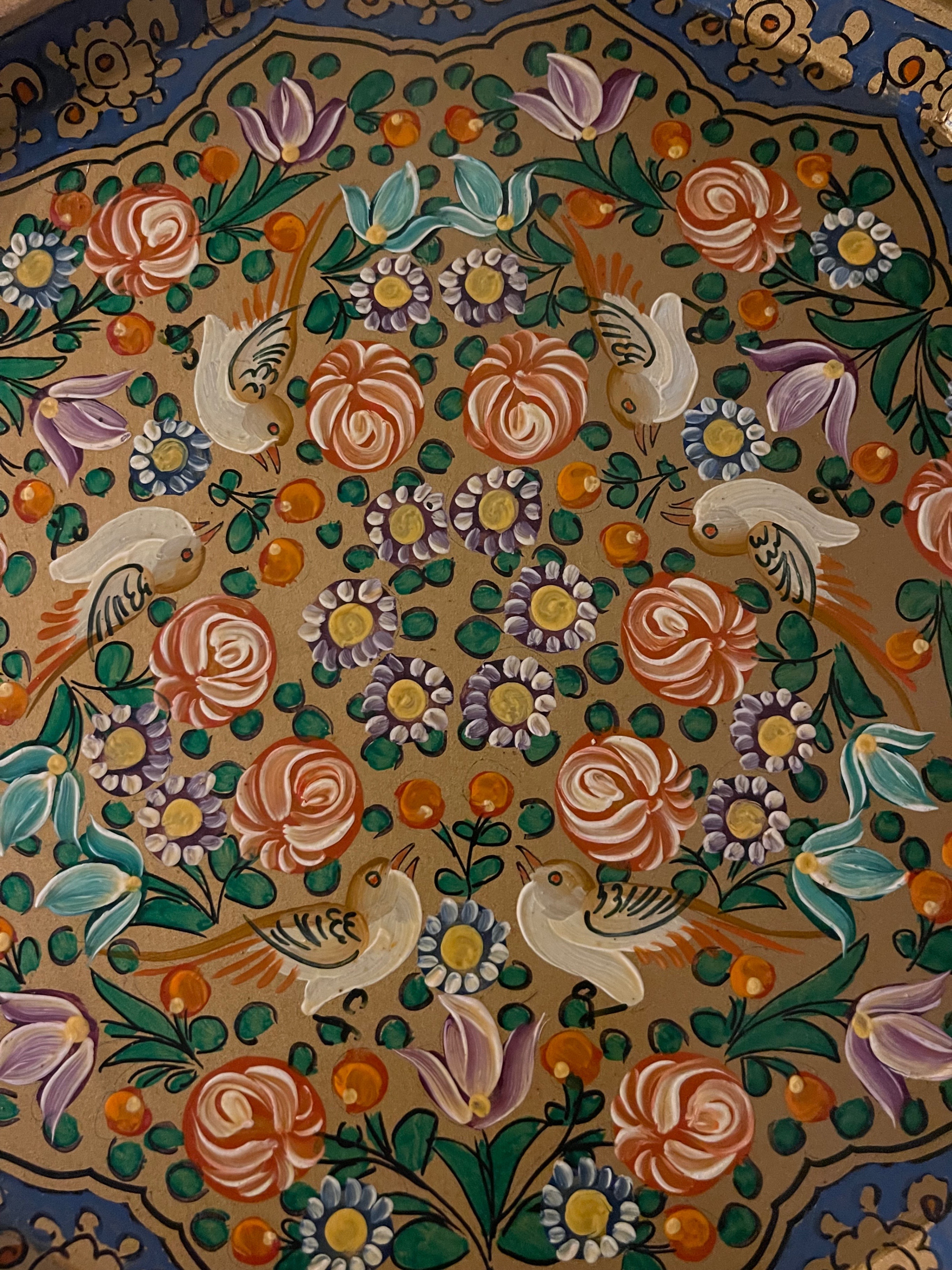 Vintage Kashmiri Hand Painted 10-Sided Wood Tray-Birds & Flowers - photo 3