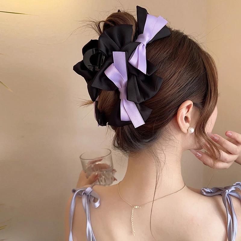 Black Lilac Lavender Purple Ribbon Bow Hair Claw Clip