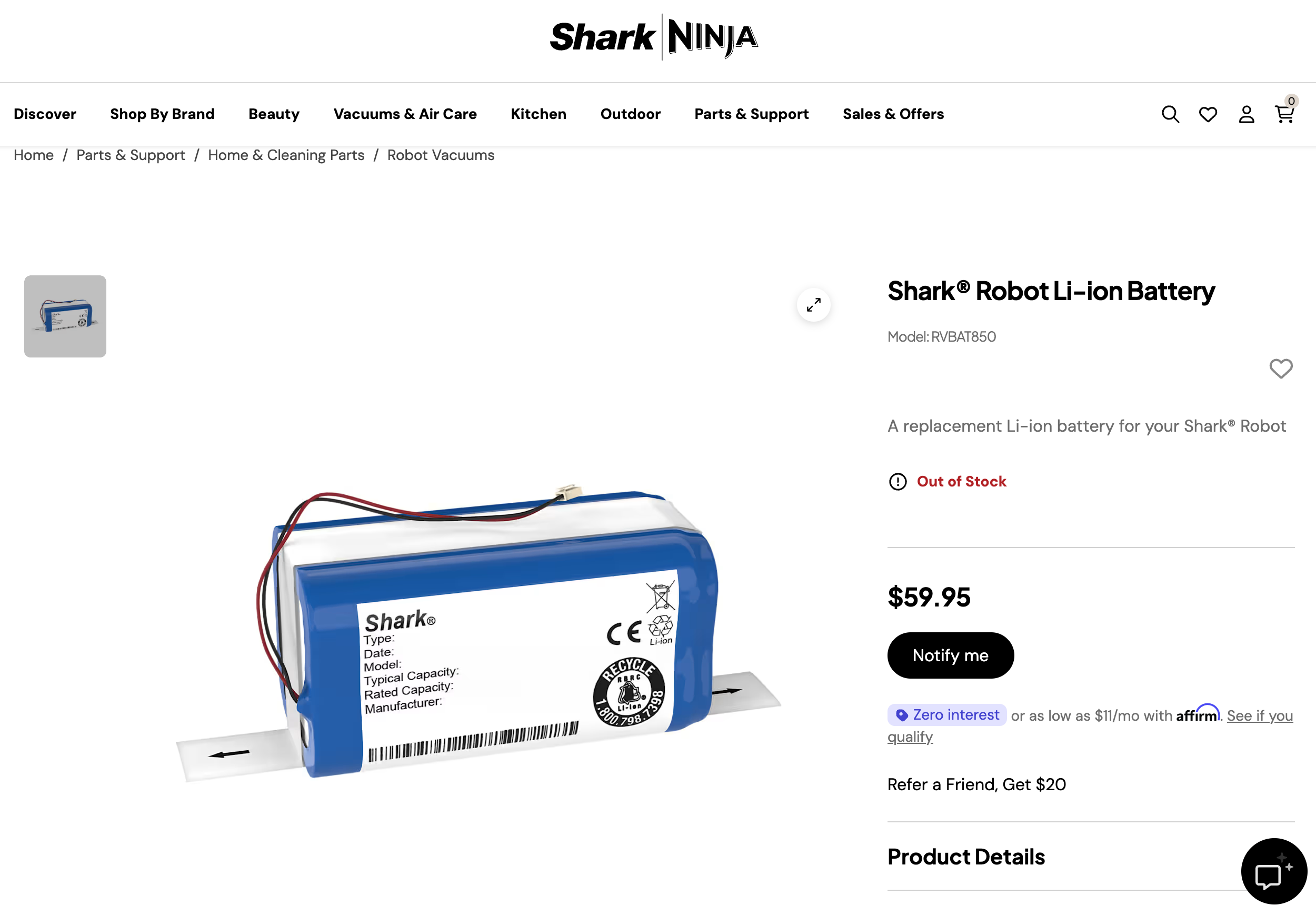 Like New Genuine Shark RVBAT850 Robot Vacuum Battery - photo 3