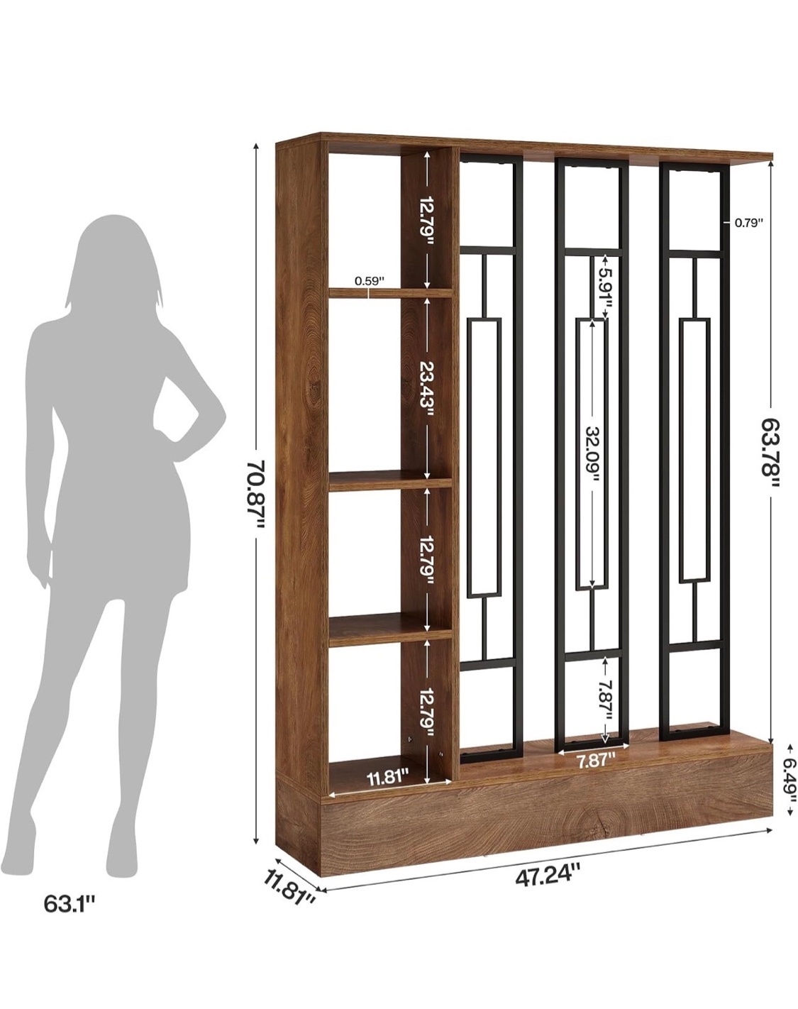 Room Divider with Shelves – Walnut & Black Metal – Brand New - photo 2