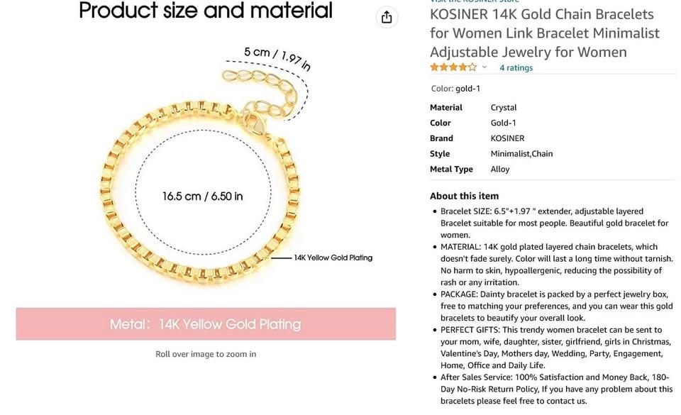 KOSINER 14K Gold Chain Bracelets, Bracelet Minimalist Adjustable - photo 5