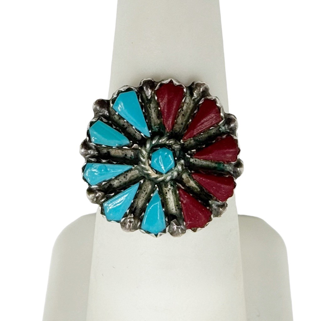Navajo SB sterling silver turquoise & coral ring - photo 3