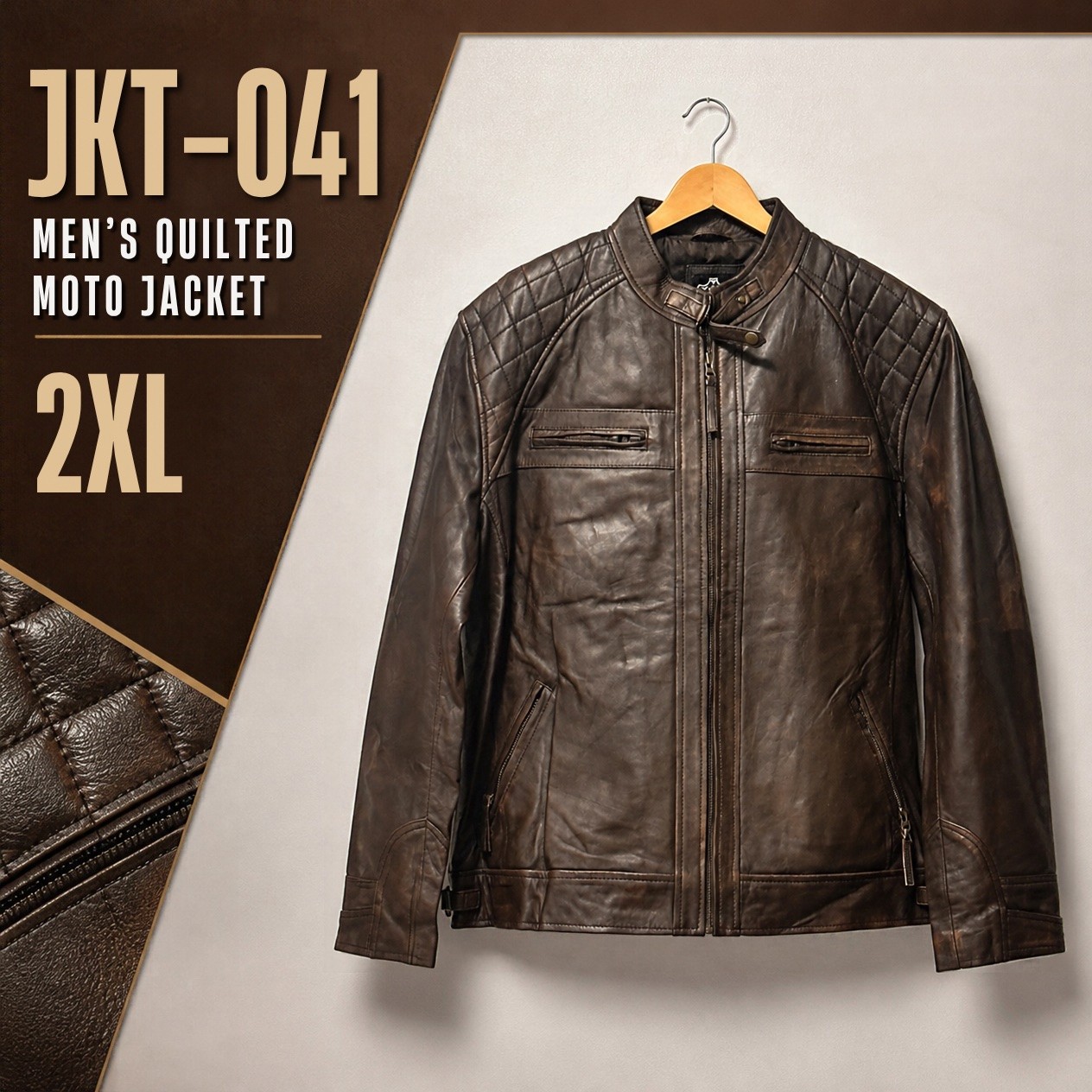 JKT-041 — Men's brown quilted leather moto — brand new, size 2XL - photo 5