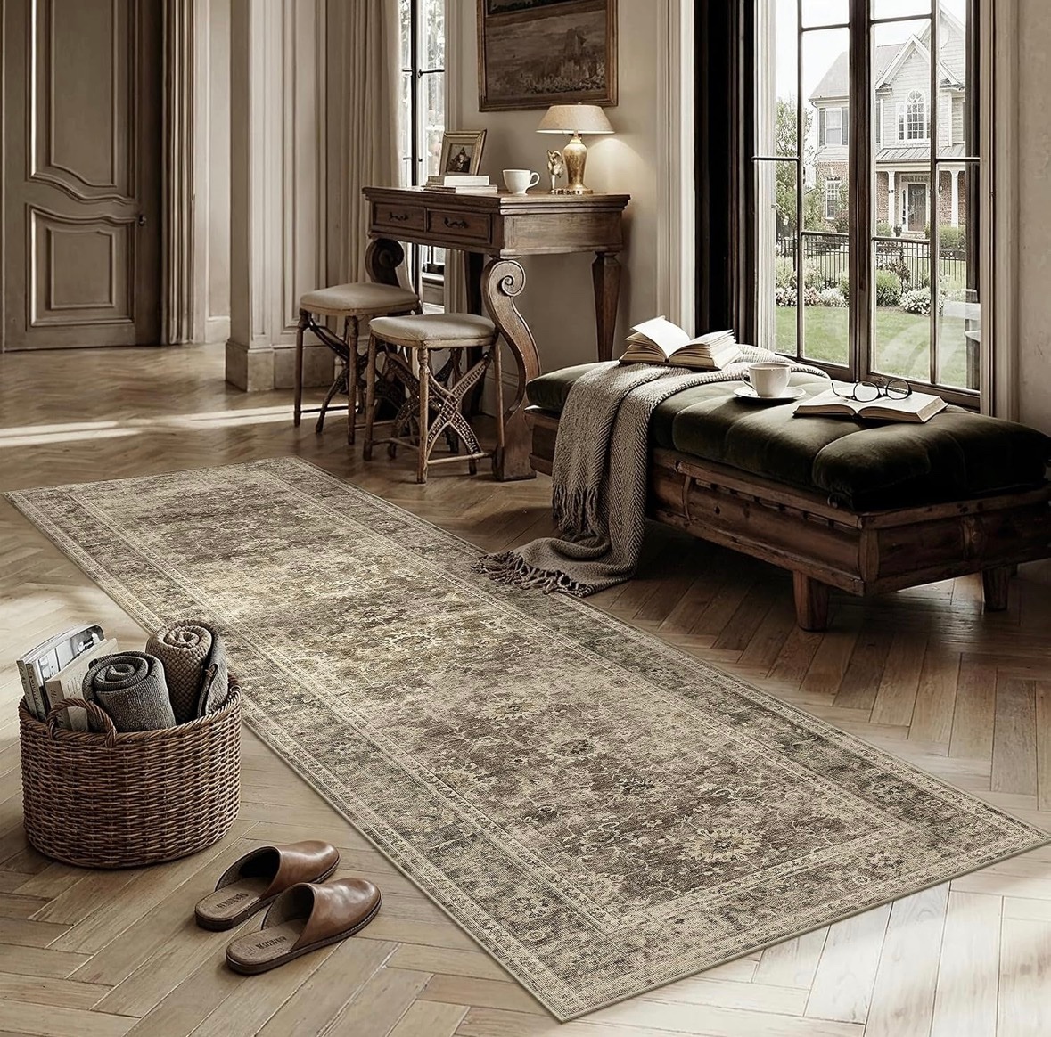 2x10 Runner Rug Washable Brown Vintage Hallway