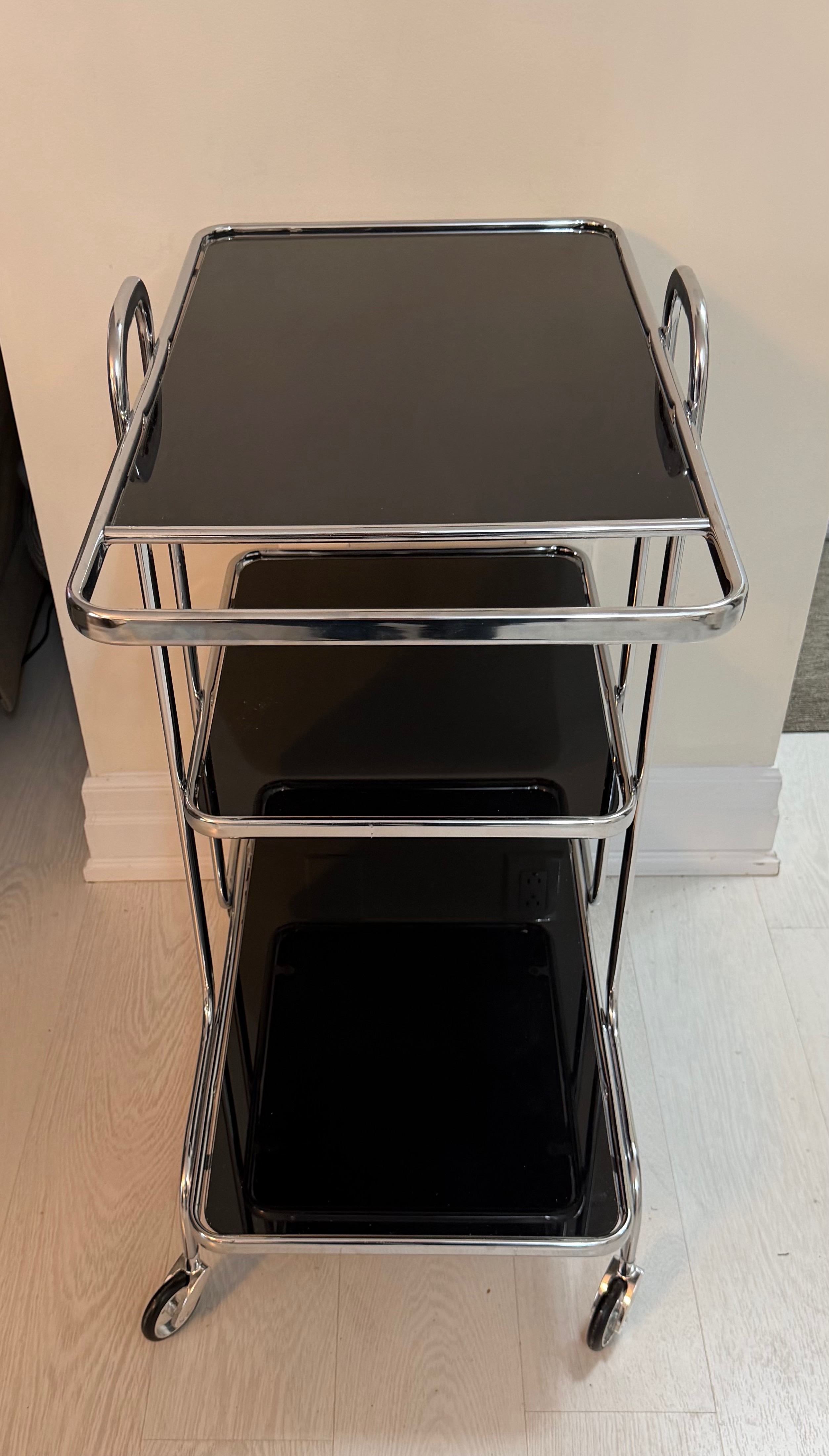Modern Chrome & Black Glass 3-Tier Rolling Bar Cart - Like New - photo 3