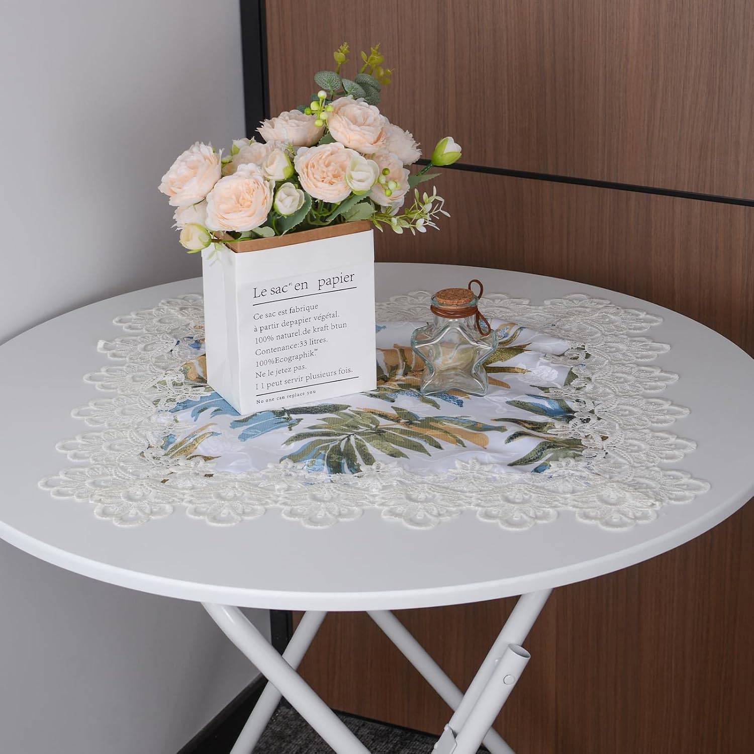 Square Tropical Palm Leaf Tablecloth with Lace Trim 24"