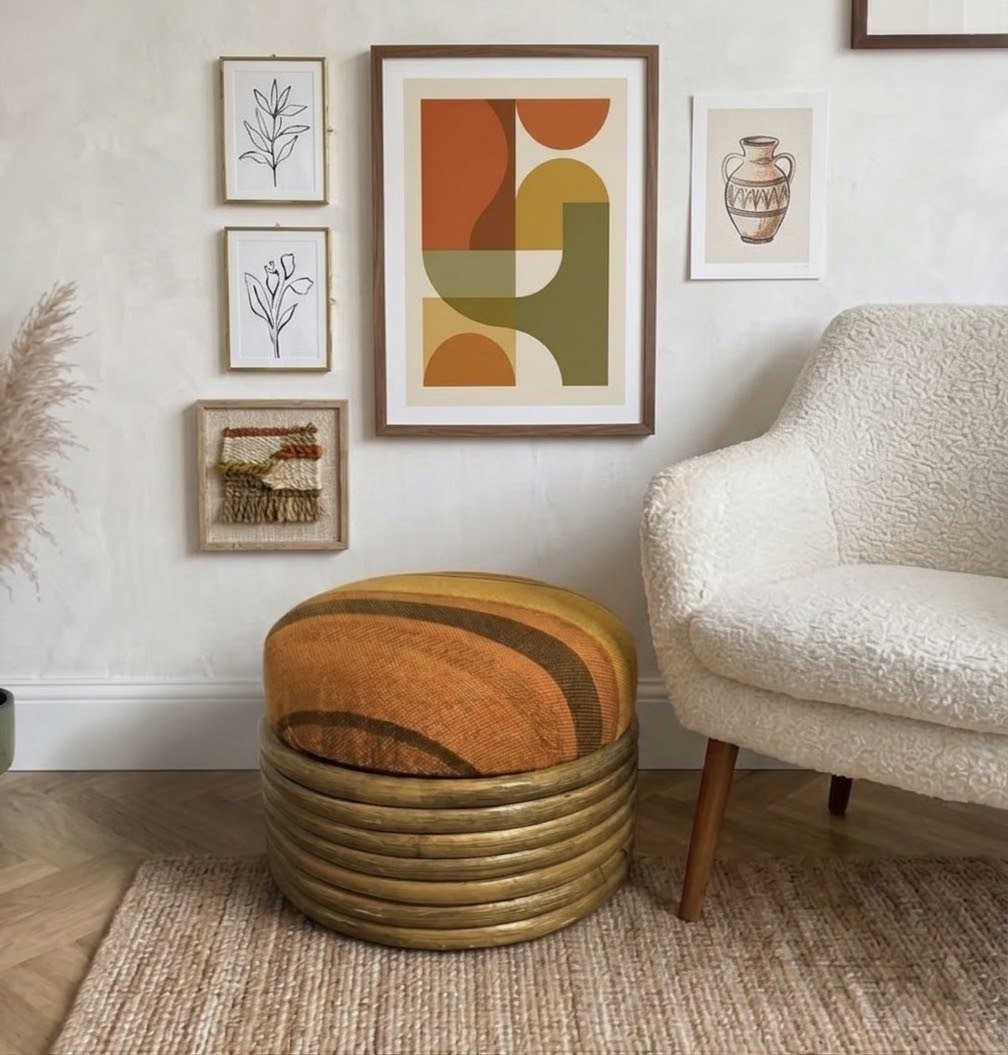 Vintage Bamboo Ottoman - Retro Orange Striped Cushion