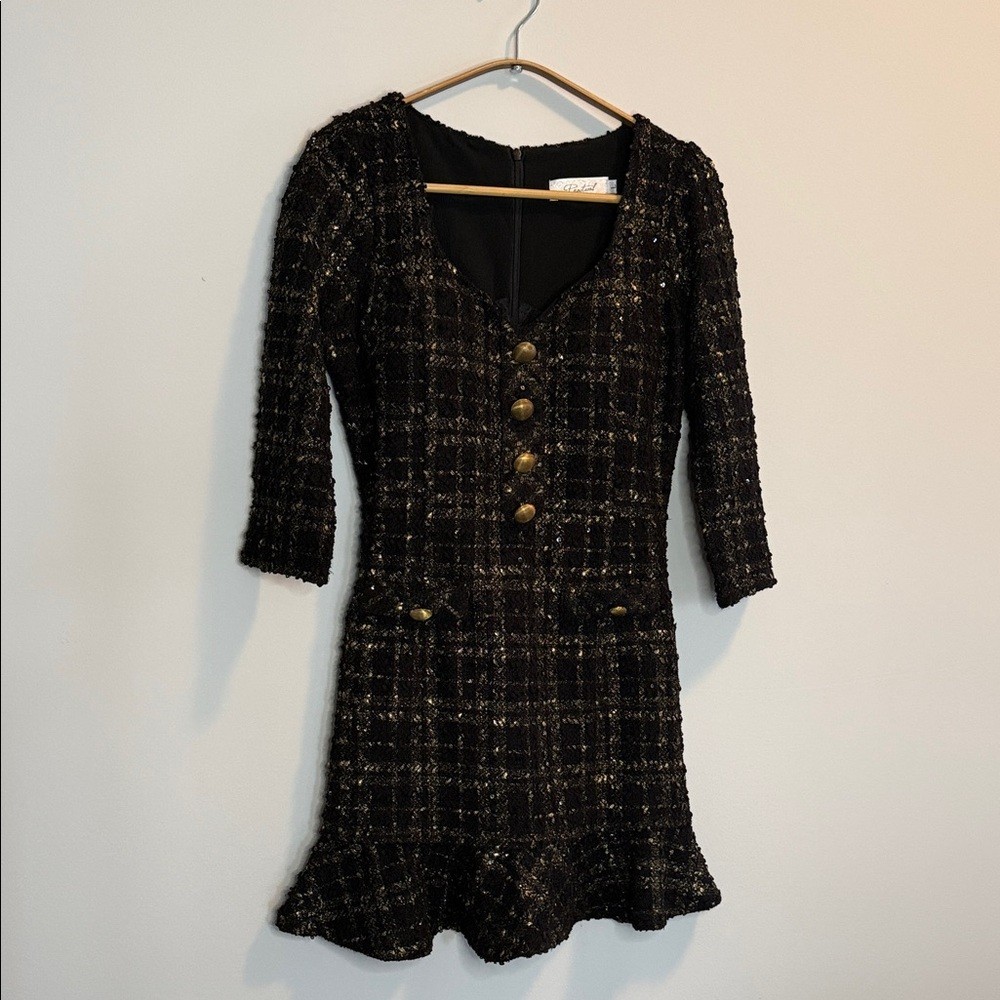 Chic Black and Gold Tweed Mini Dress