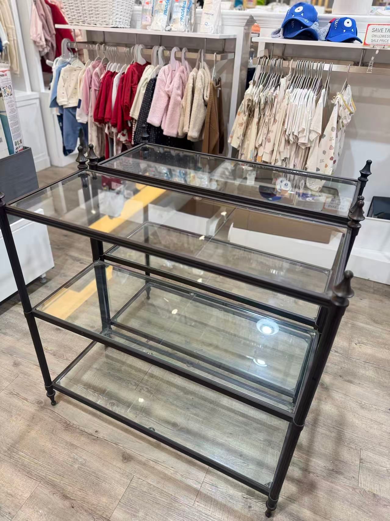very sturdy metal + glass shelves retail rack $75 each