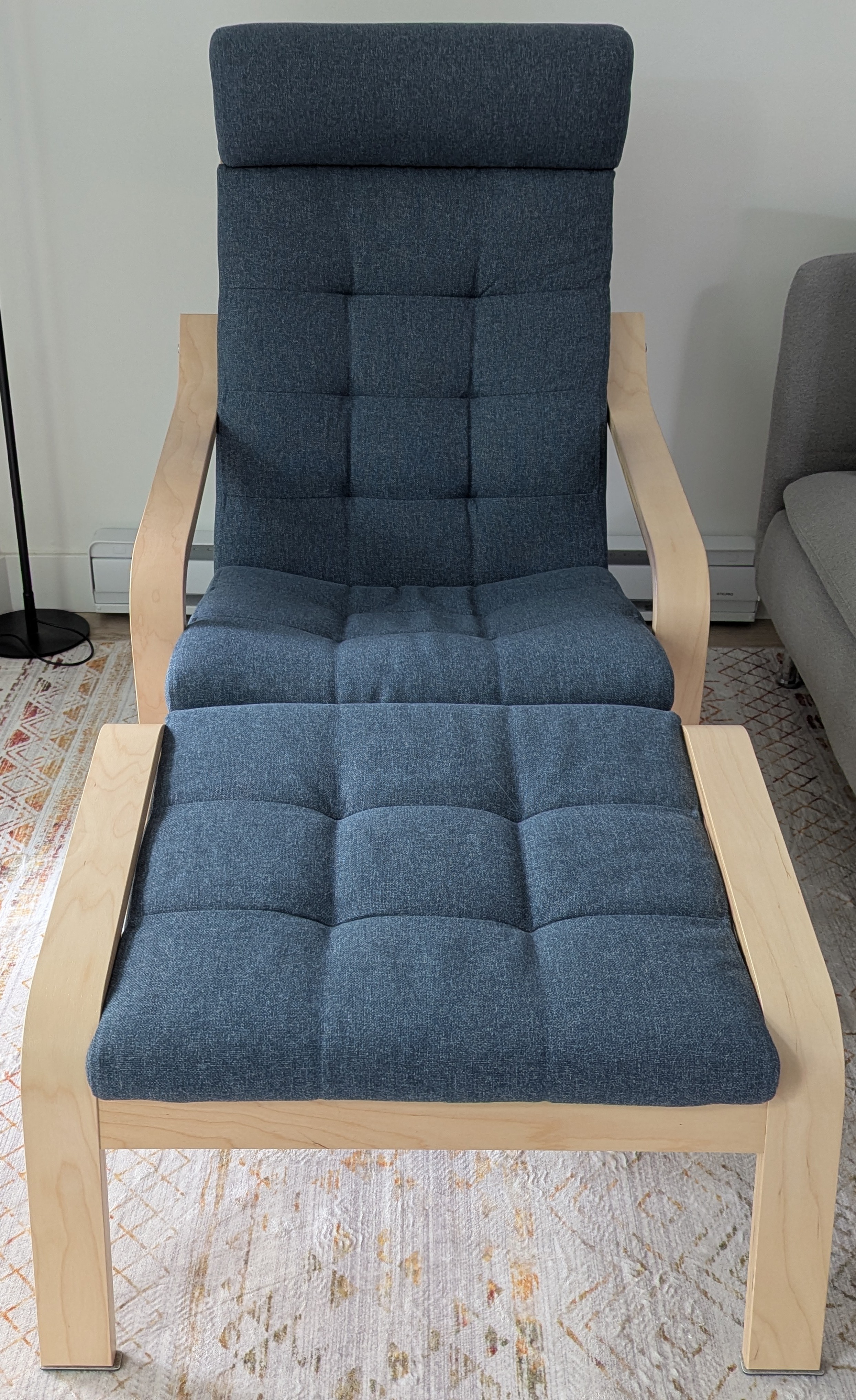 IKEA Poang armchair with footstool set blue fabric