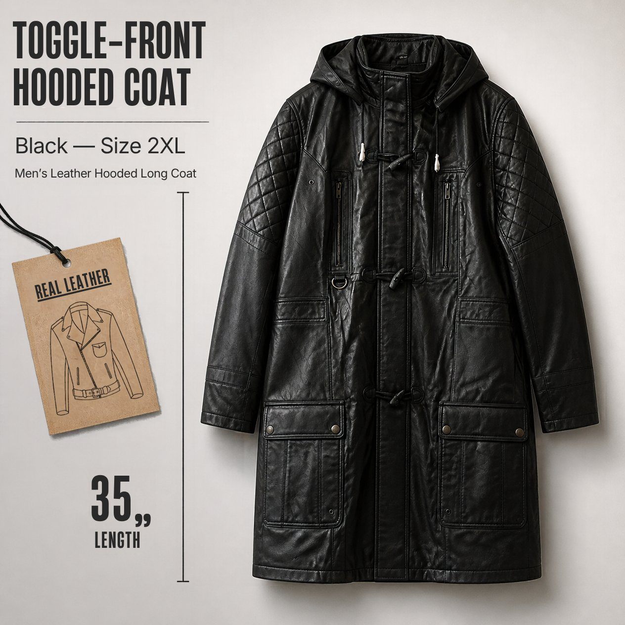 JKT-002 — Men's leather hooded long coat — brand new, size 2XL