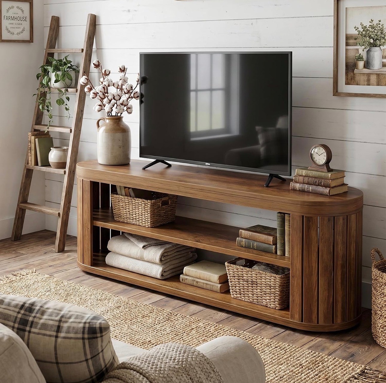 Wooden TV Stand – Fluted Console with Open Shelves – Brand New - photo 4