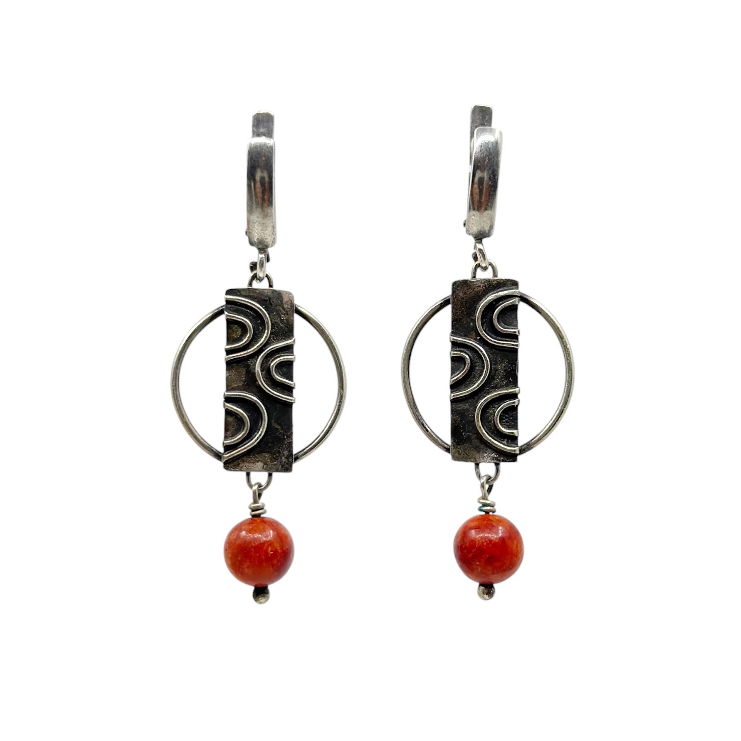 Modernist Hand Made sterling silver sponge coral drop earrings
