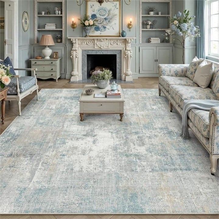 New - 8x10 Washable Area Rug / Carpet - Cream Blue