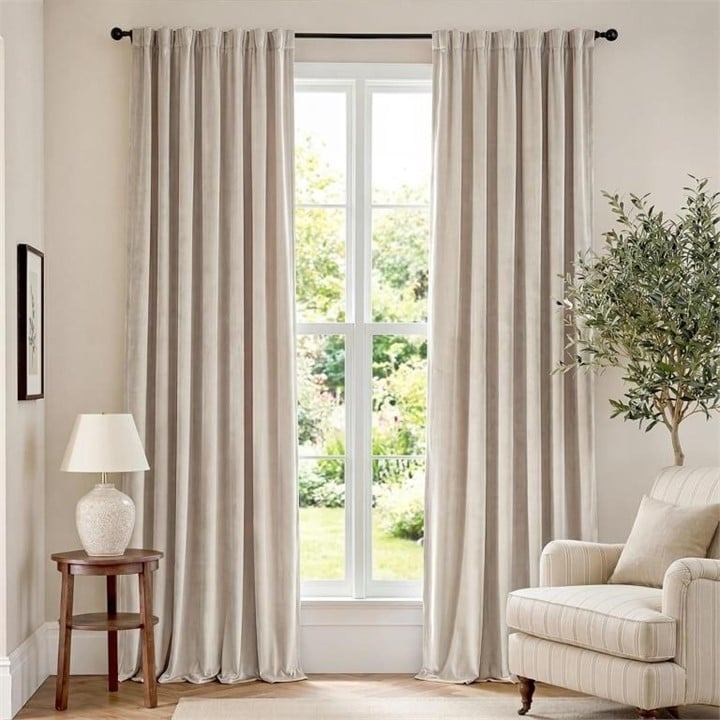 Beige Velvet Curtains 52in - Rod Pocket, Room Darkening