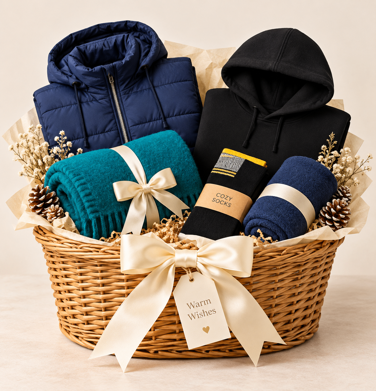 Winter Gift Basket $139 – Puffer Jacket + Hoodie + 2 Throws