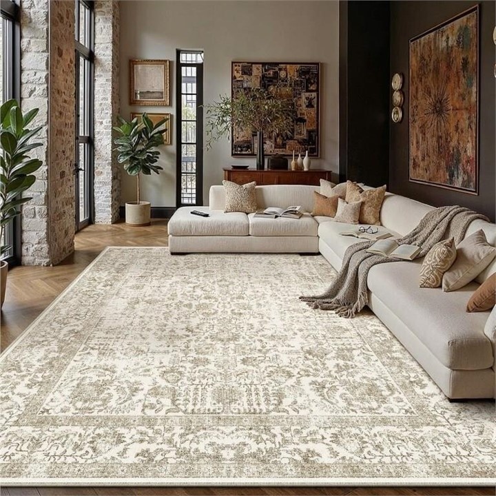 New - 8x10 Washable Area Rug / Carpet - Light Brown Vintage