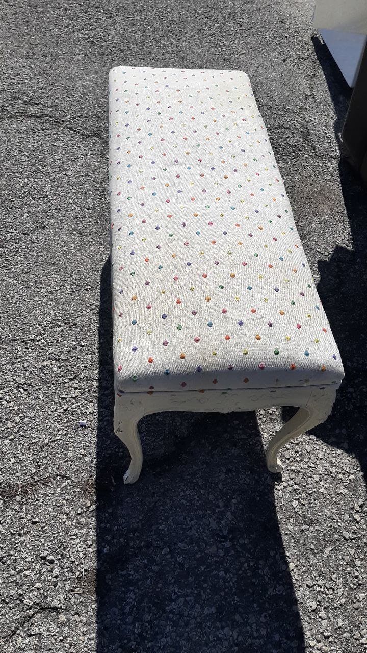 Upholstered Bench – White Polka Dot, French Provincial Legs