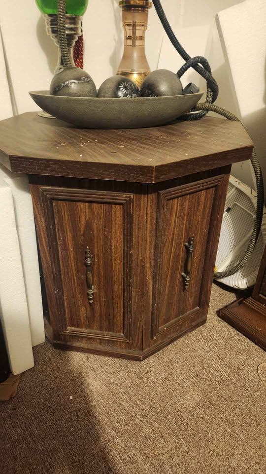Vintage Hexagonal Wooden End Table with Cabinet Doors