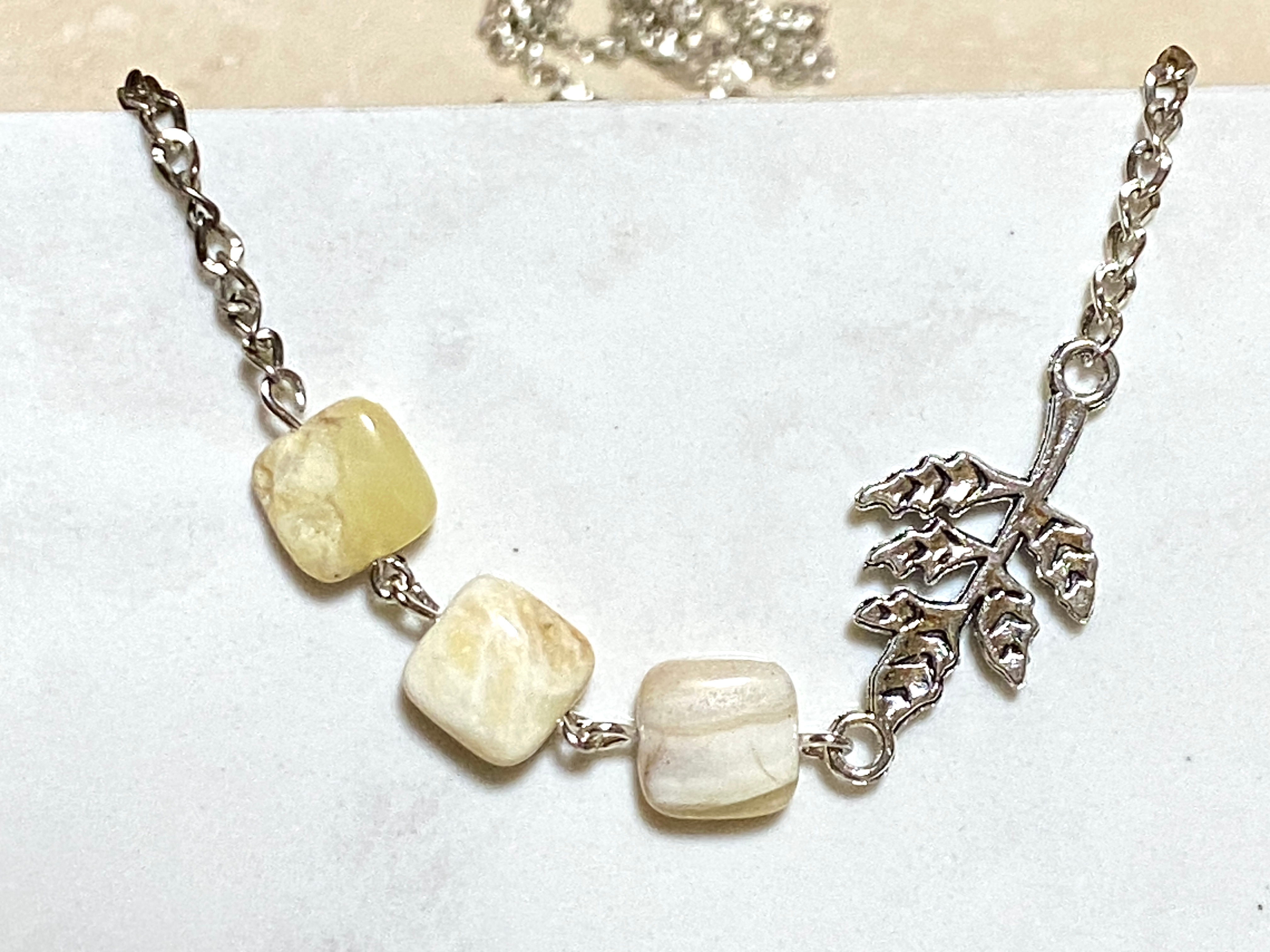 Yellow Calcite Leaf Branch Short Necklace, Stainless Chain
