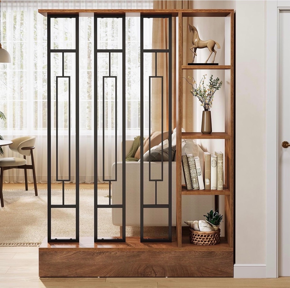 Room Divider with Shelves – Walnut & Black Metal – Brand New - photo 4