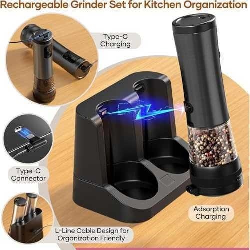 Electric Salt & Pepper Grinder Set — Black, Rechargeable - photo 2