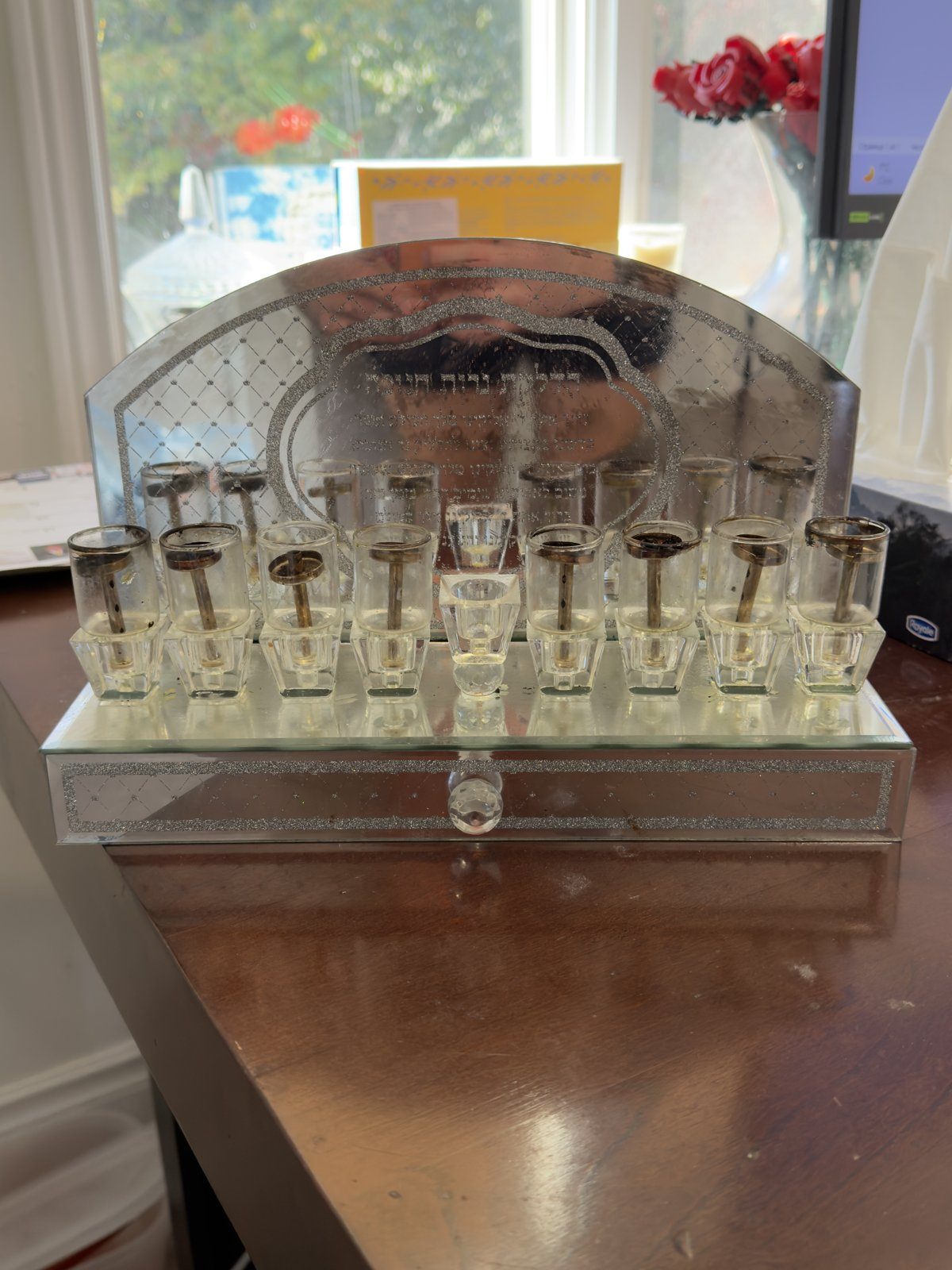 Hanukkah Oil Menorah – Mirror Glass with Drawer, Glass Oil Cups - photo 3