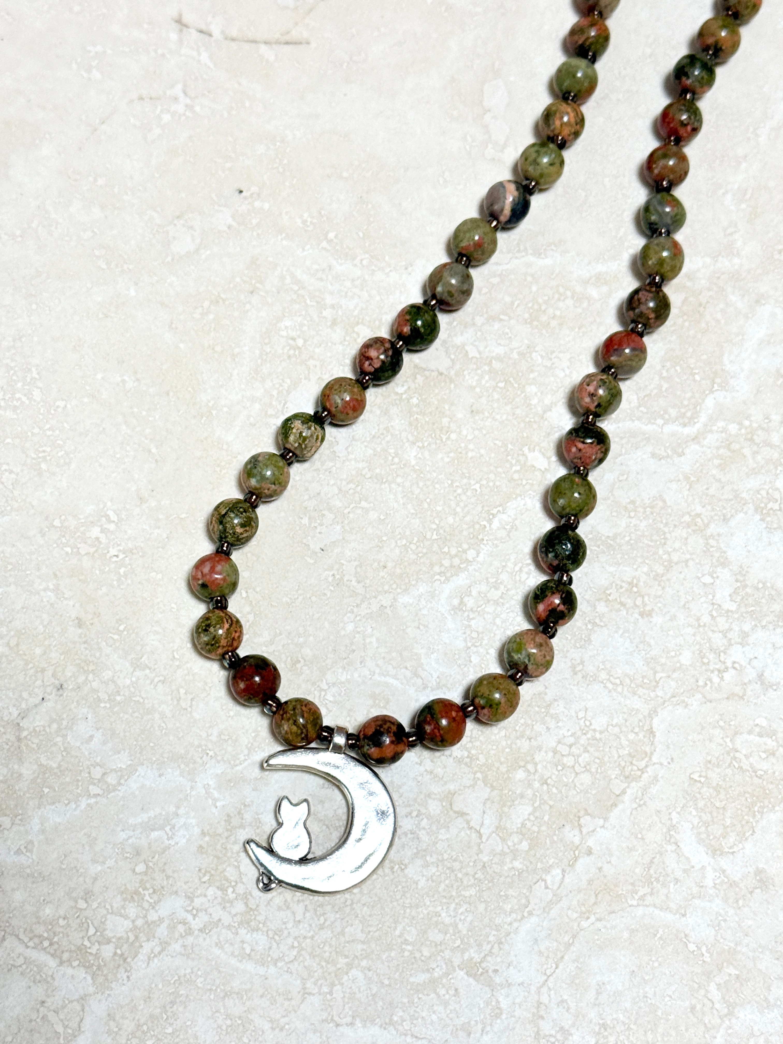 Green Unakite Short Necklace, Silver Cat on the Moon Pendant - photo 5