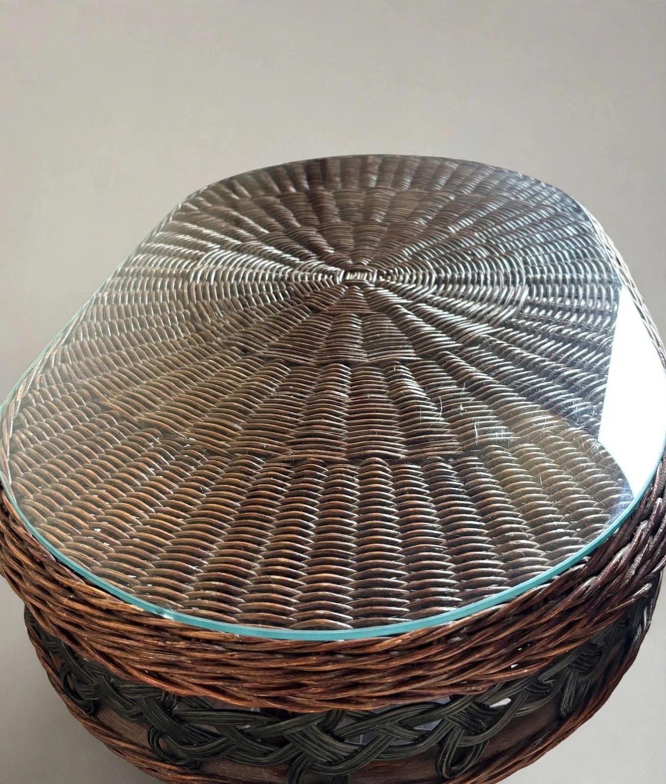 Vintage Mid-Century Rattan Oval Coffee Table Original Glass - photo 2