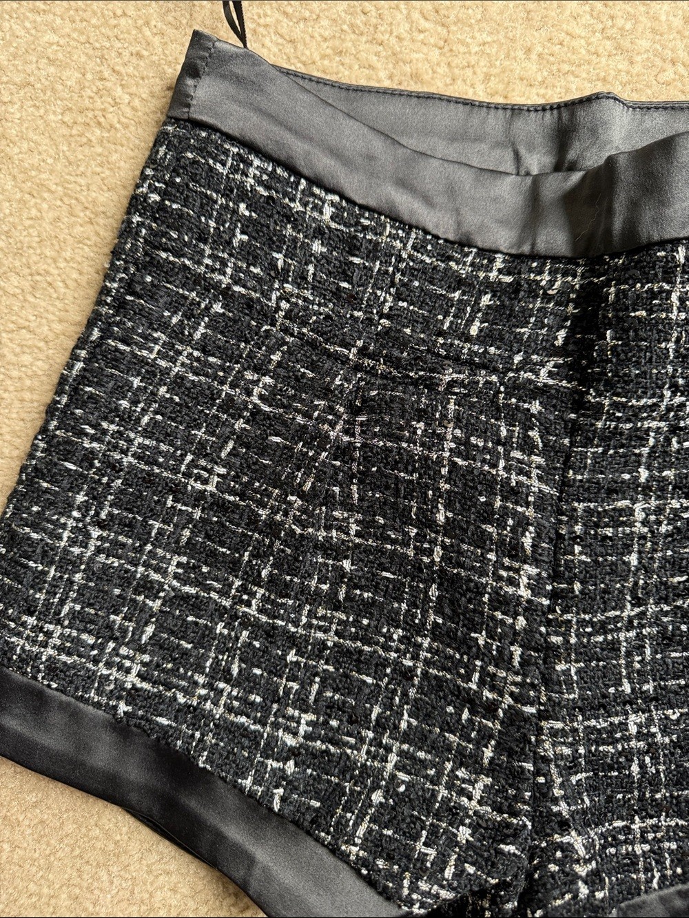 High-Rise Black Tweed Women's Shorts with Satin Trim - photo 3