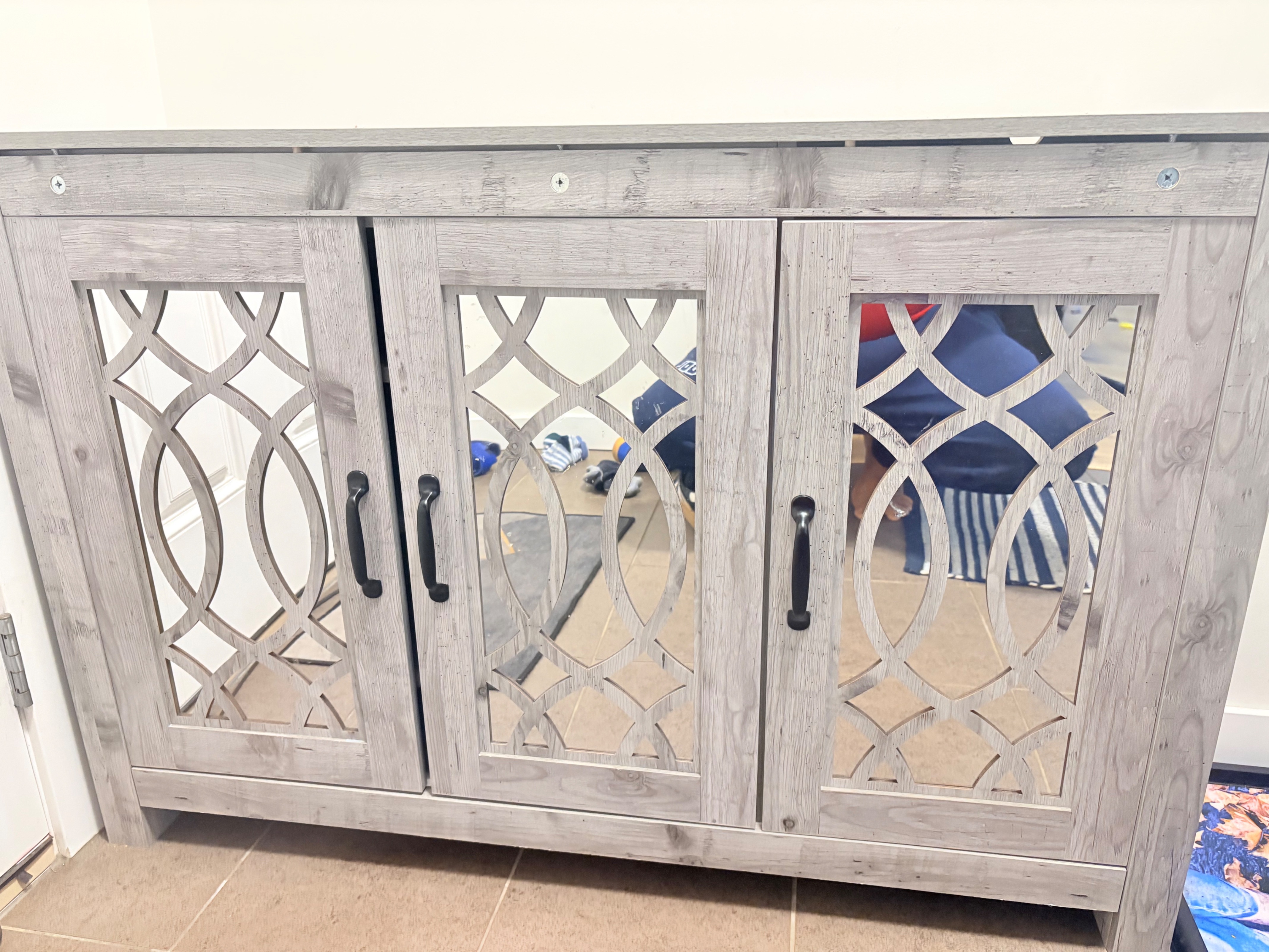 Grey Wood Grain shoe rack with Mirrored Doors