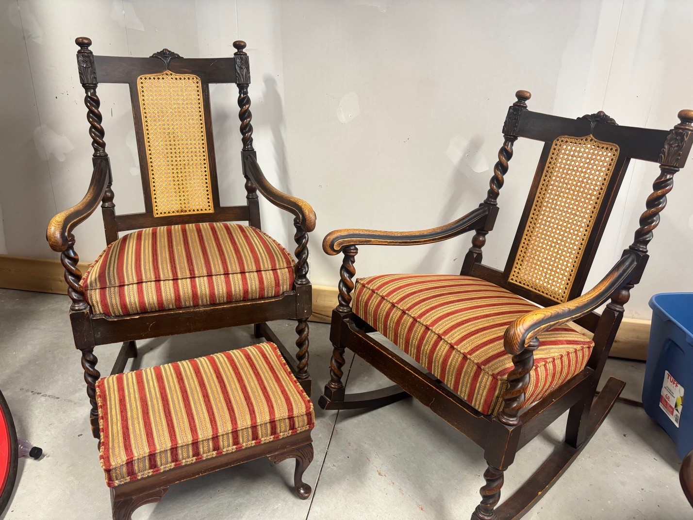 Victorian oak three piece rocking chair, armchair and footstool