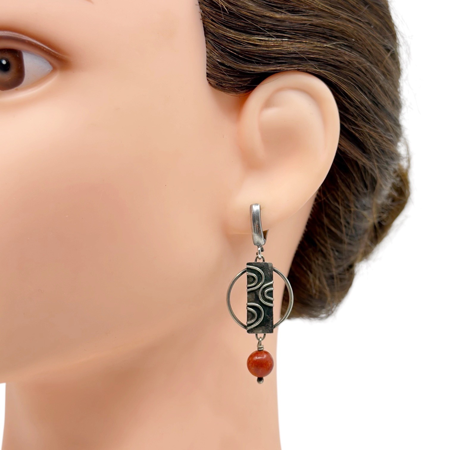 Modernist Hand Made sterling silver sponge coral drop earrings - photo 3