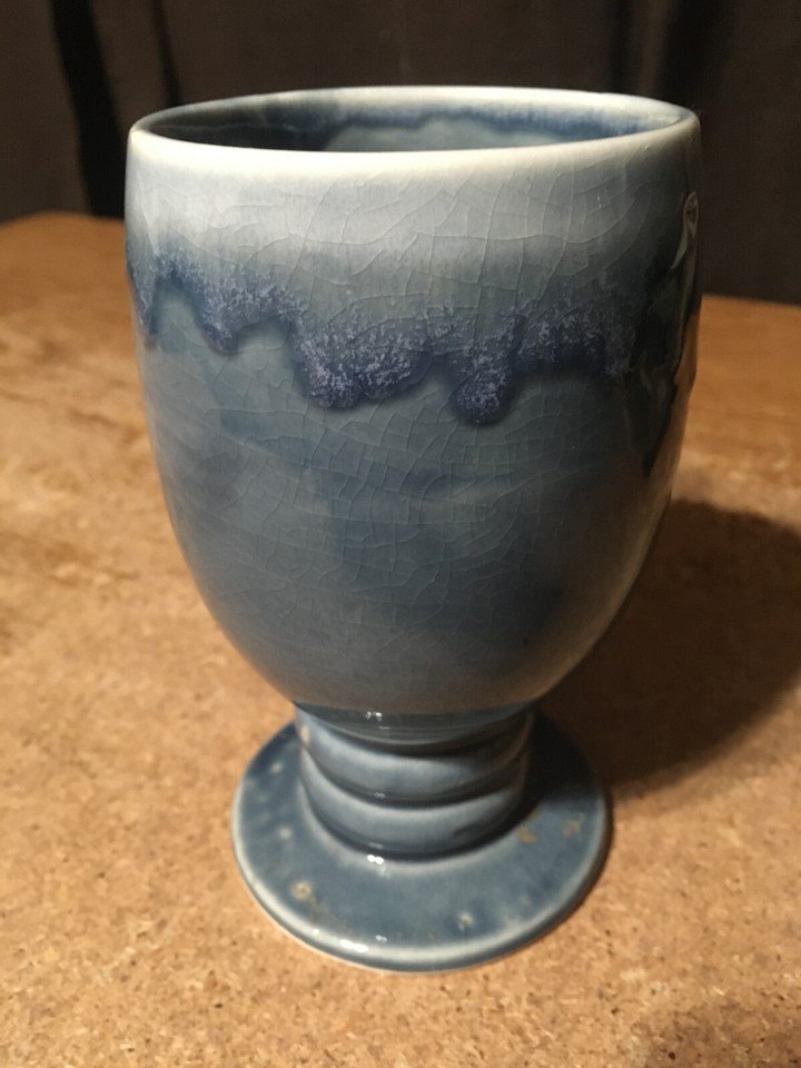 VINTAGE BLUE GLAZED POTTERY IRISH COFFEE PEDESTAL MUG - photo 5