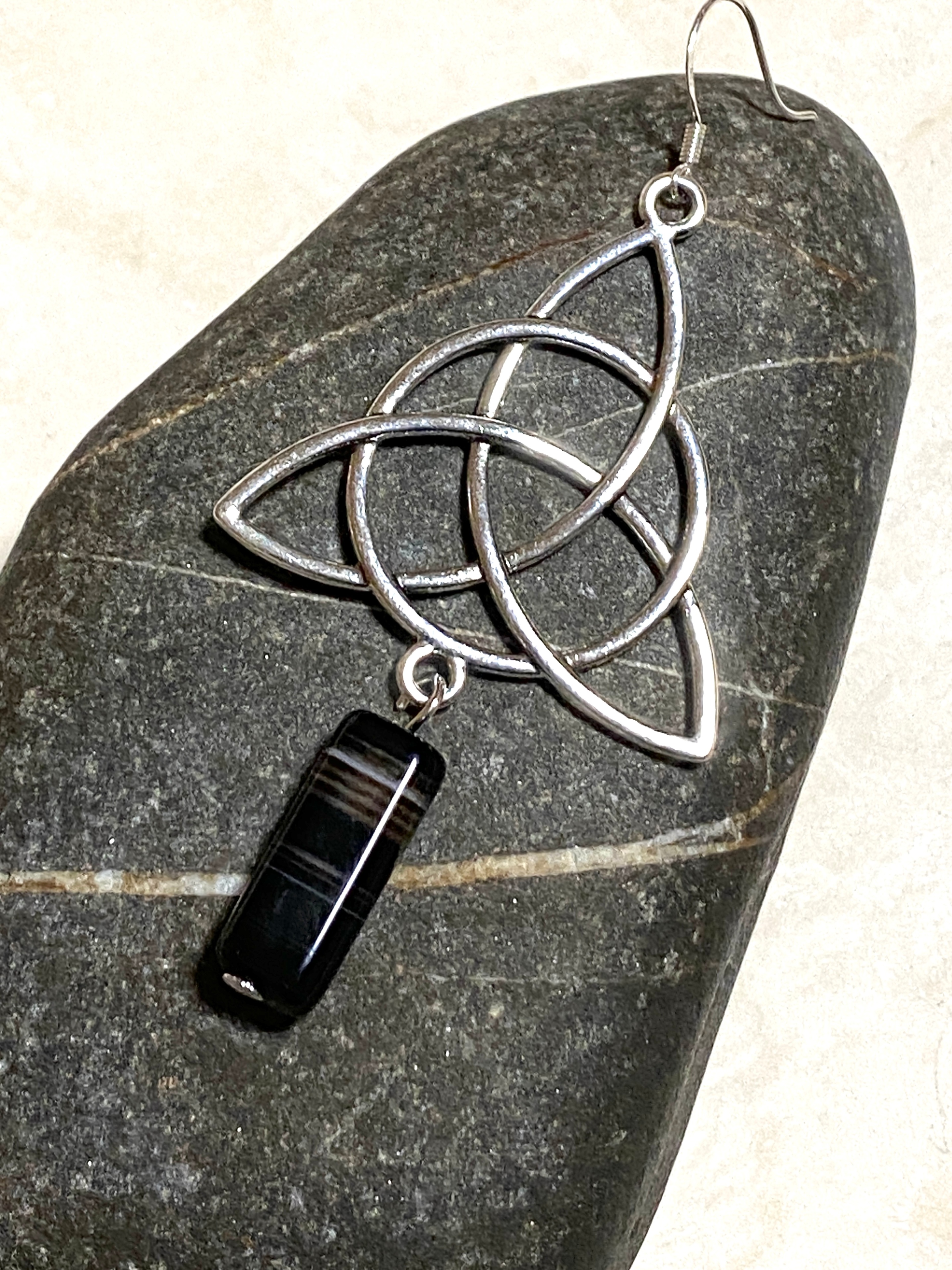 Dark Agate Celtic Trinity Earrings, Sterling Silver Hook - photo 5
