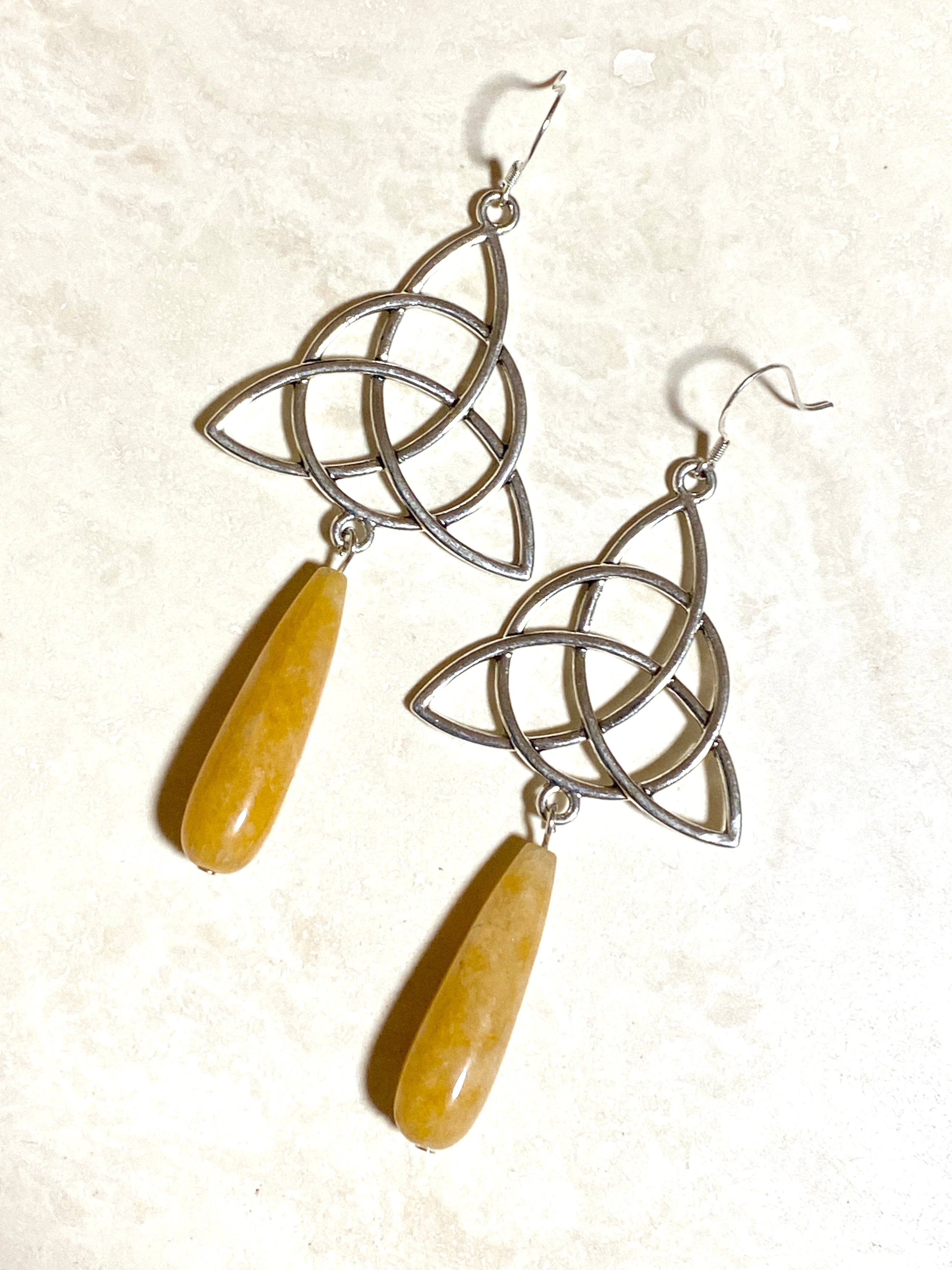 Yellow-Orange Aventurine Celtic Trinity Earrings, 925 Hooks