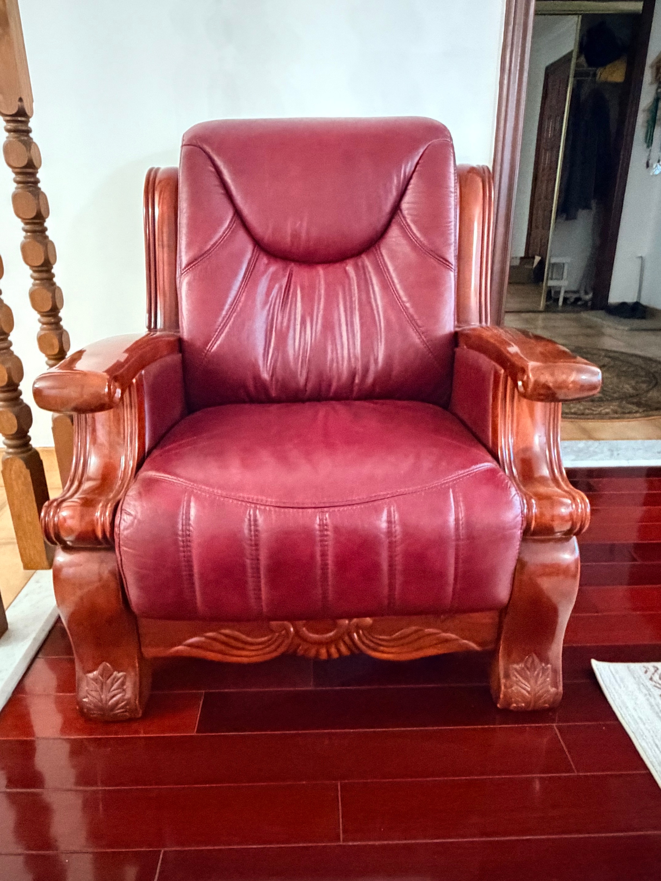 Solid Wood & Genuine Leather 3-Piece Sofa Set – Burgundy - photo 3