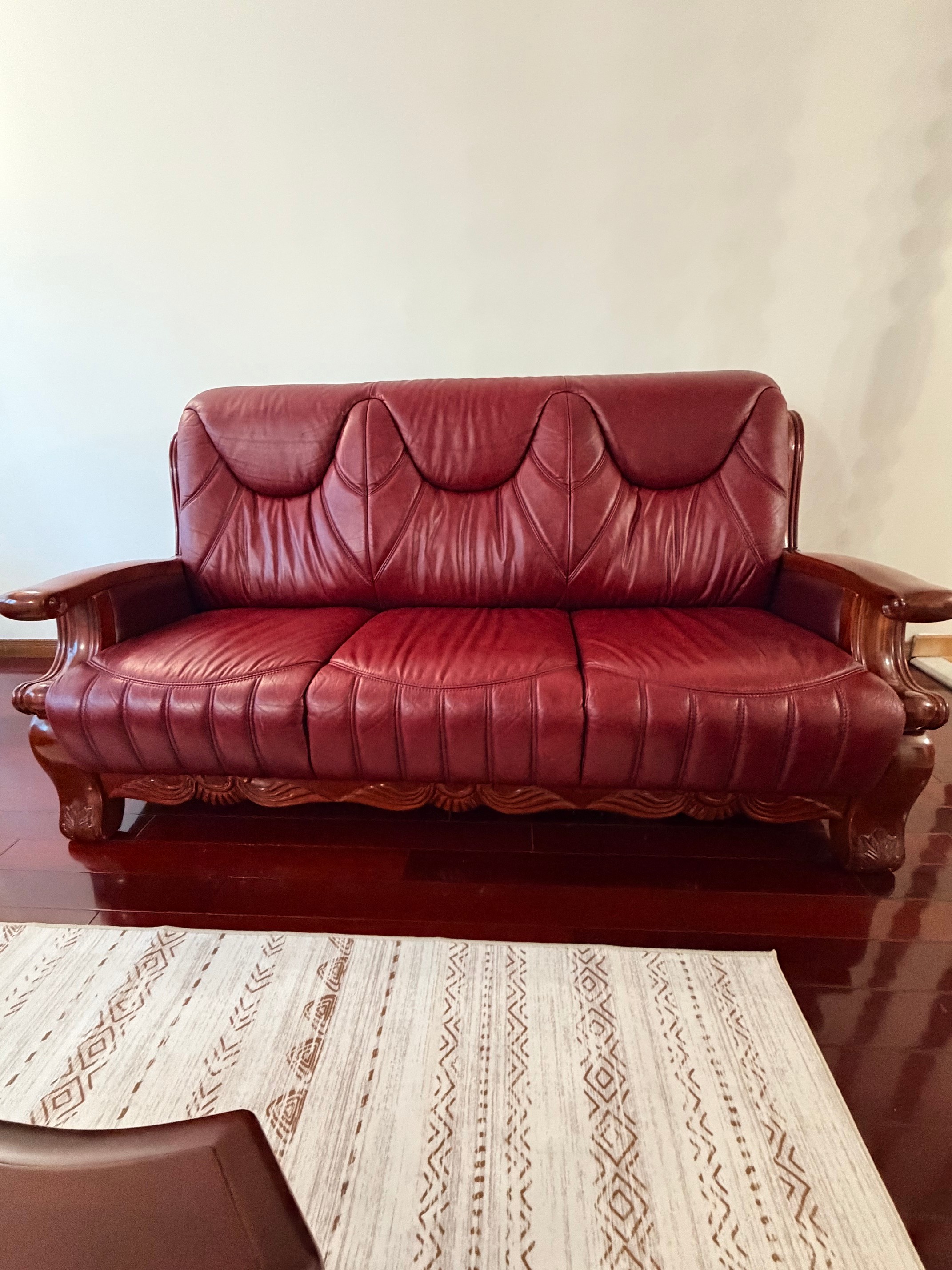 Solid Wood & Genuine Leather 3-Piece Sofa Set – Burgundy - photo 4