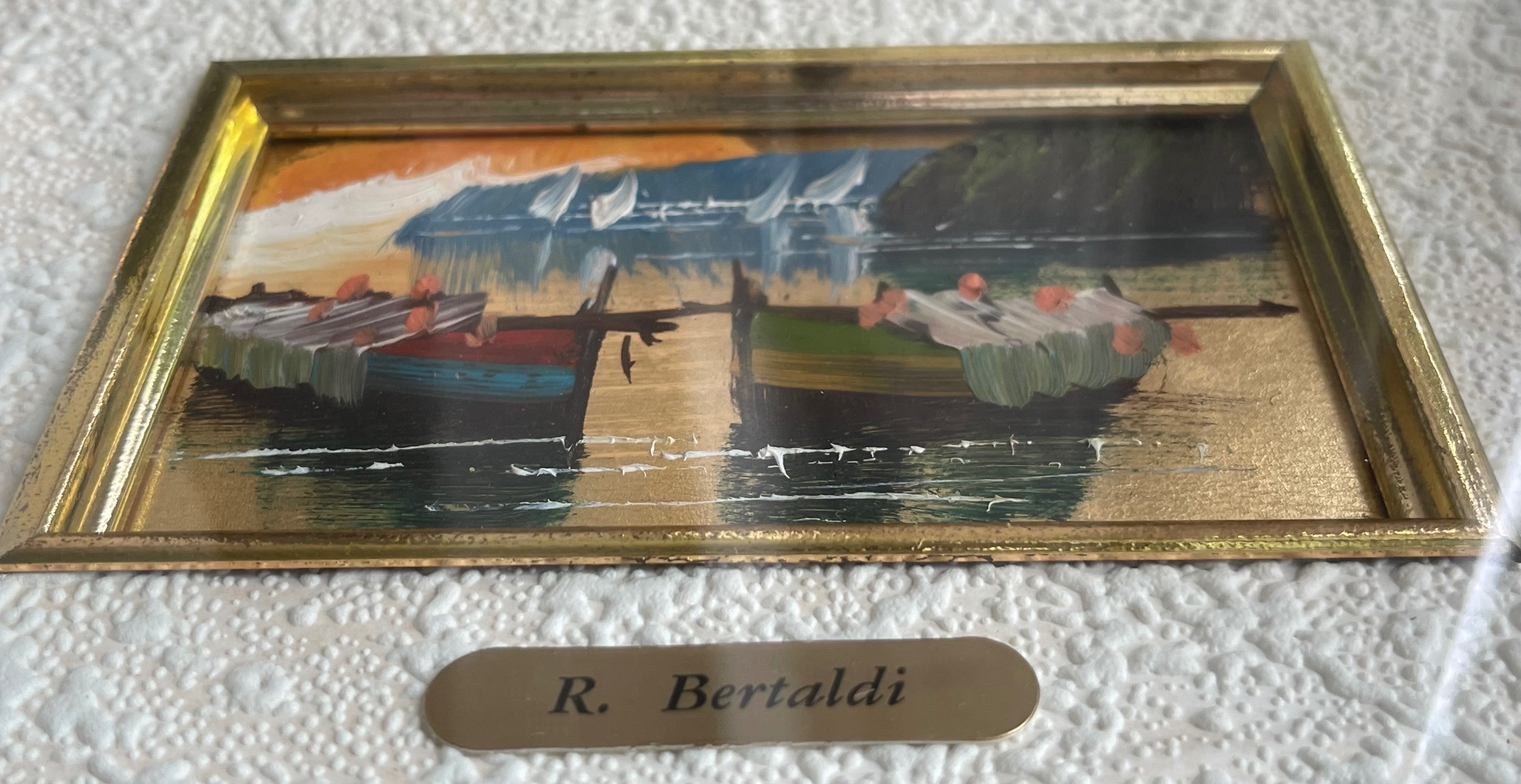 Vintage Italian Foil Oil Painting - R. Bertaldi Harbour Scene - photo 3