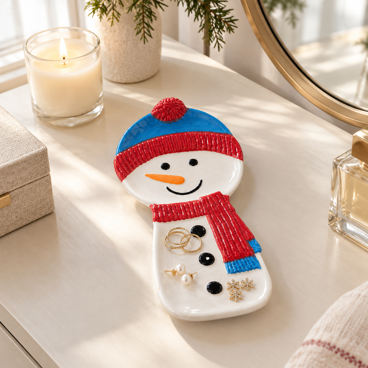 Like New Snowman Ceramic Spoon Rest, Trinket Dish & Candy Dish