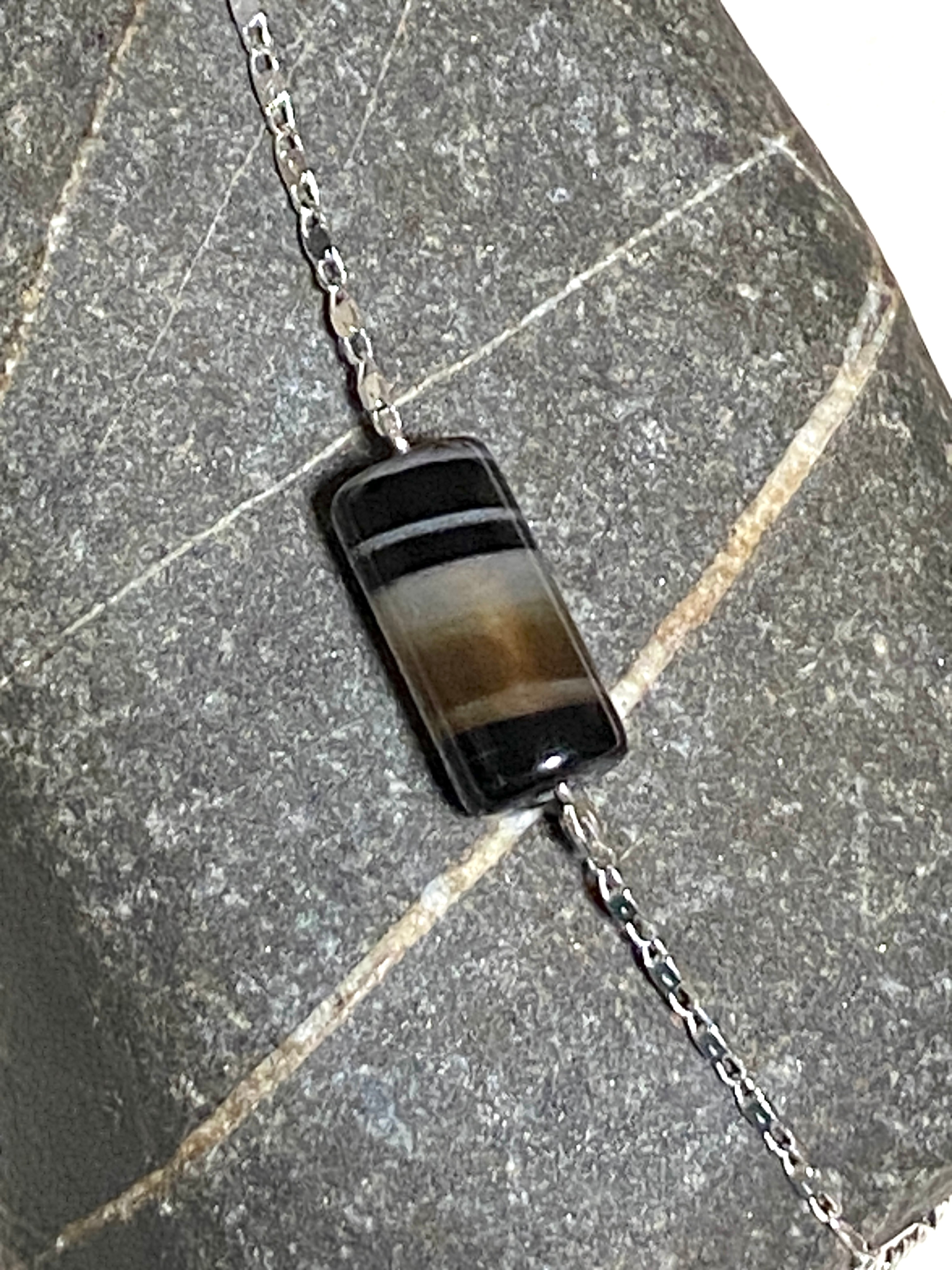 Eye Agate Short Necklace, Gemstone Bar Pendant Stainless Chain - photo 5
