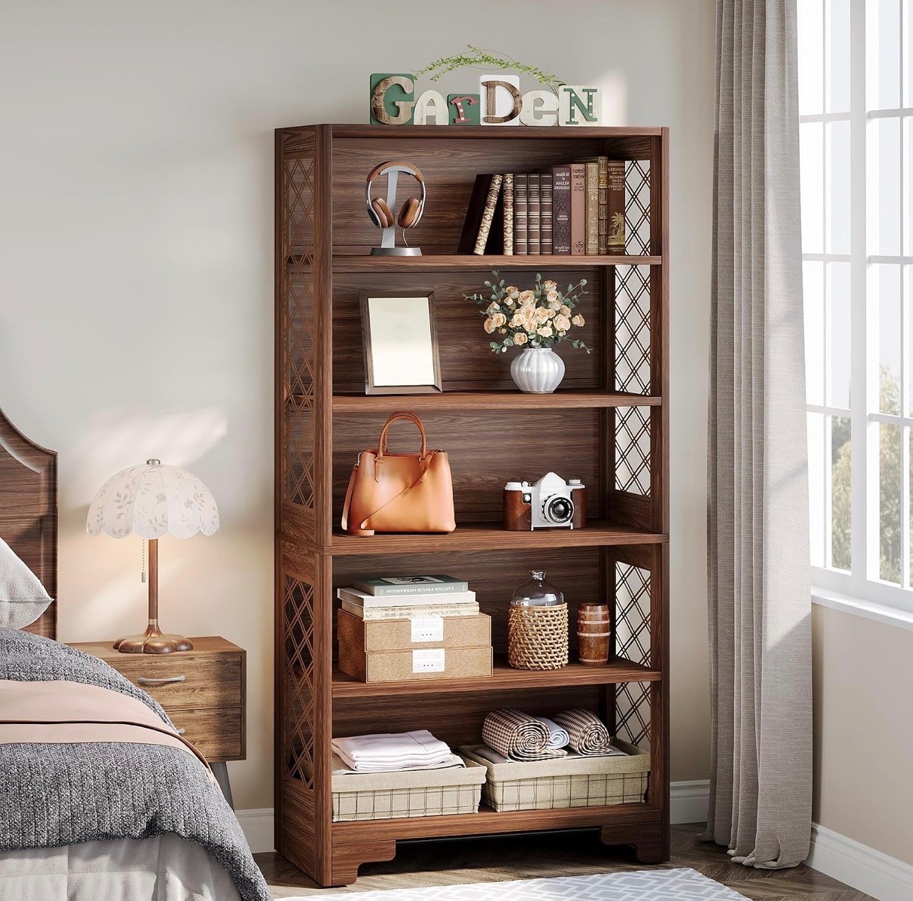 Tall 5-Tier Wooden Bookshelf – Walnut Finish – Brand New - photo 2